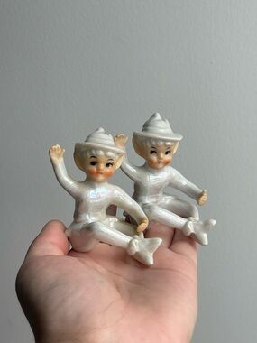 2 Lefton Vintage Lustre Iridescent Ceramic Pixie Fairy Candle Huggers Japan Made